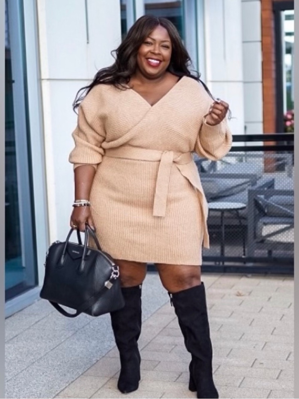 Eloquii Knit Wrap Belted Sweater Dress in tan